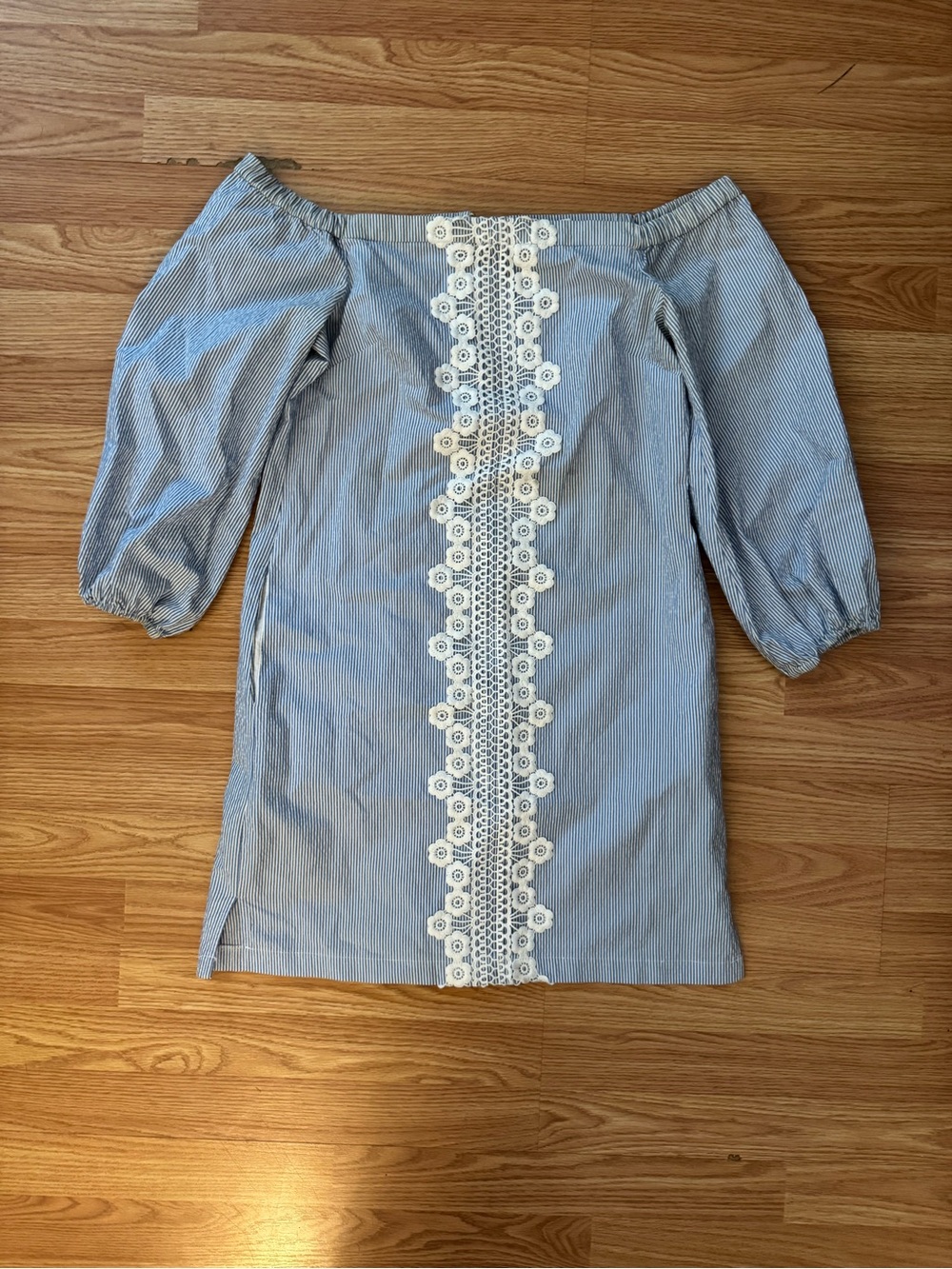 Off-Shoulder Blue Stripe Dress with White Lace Trim